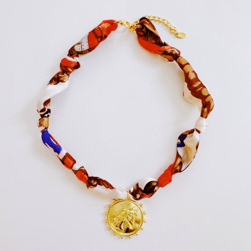 Luxe Print Medallion Pendant Scarf Necklace | Orange